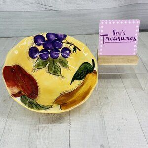Home Trends VERDONA Grapes Apple Pear On Yellow Ceramic 9" Round Serving Bowl